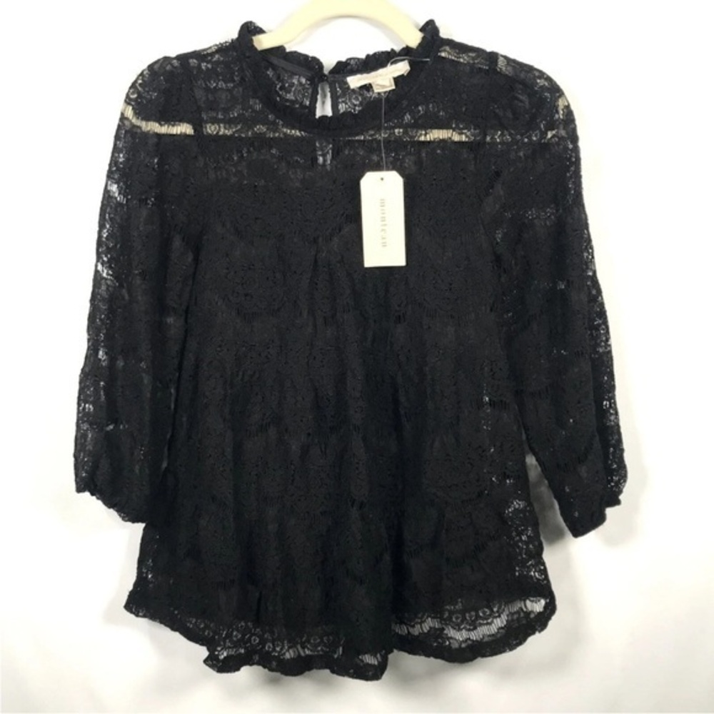 Monteau Los Angeles Black‎ Lace Detail Sheer Mock Neck Size Small